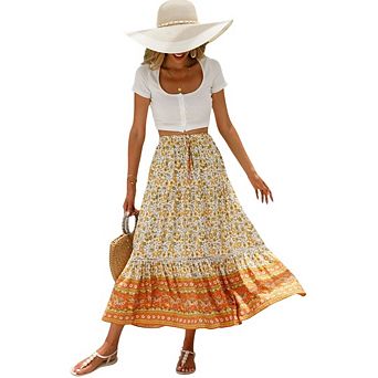 Women's Boho Floral Casual Elastic High Waist Flowy A Line Beach Maxi Skirts