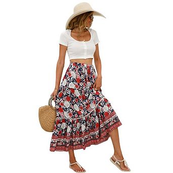 Women's Boho Floral Casual Elastic High Waist Flowy A Line Beach Maxi Skirts