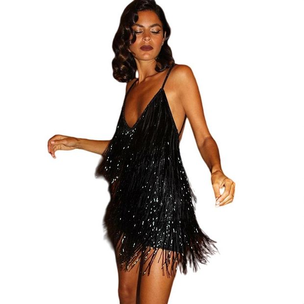 tassle dress women party CHOSMO Women's Solid Color Tassel Design Wedding Guest Music Festival  Spaghetti Strap Dress Party