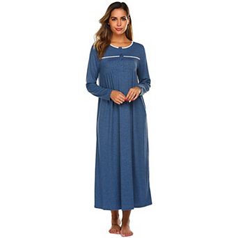Ekouaer Women Long Sleeve Nightgowns Soft Henley Sleepshirts Full Length Sleep Dress