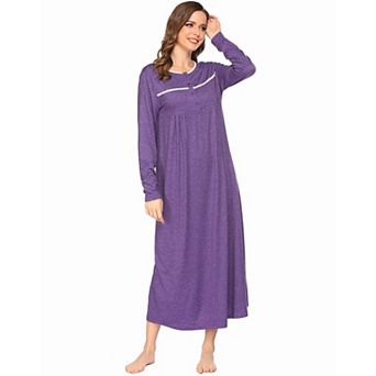 Ekouaer Women Long Sleeve Nightgowns Soft Henley Sleepshirts Full Length Sleep Dress
