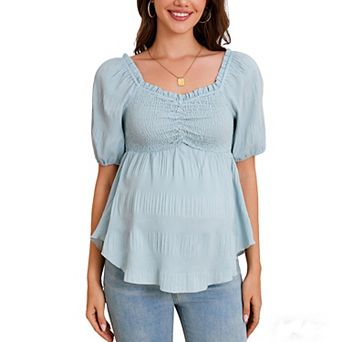 Womens Maternity Smocked Sweetheart Neck Shirt Puff Short Sleeve Summer Boho Top Flowy Casual Blouse