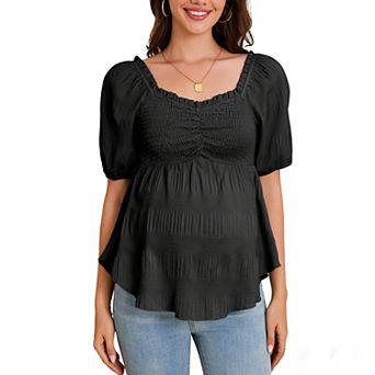 Womens Maternity Smocked Sweetheart Neck Shirt Puff Short Sleeve Summer Boho Top Flowy Casual Blouse