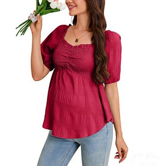 Womens Maternity Smocked Sweetheart Neck Shirt Puff Short Sleeve Summer Boho Top Flowy Casual Blouse