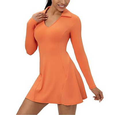 Women's Casual Long Sleeve V Neck Dresses Fit and Flare A-line Solid Color  Tennis Dress