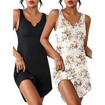 Ekouaer Two Pack Women Sleep Shirts V Neck Tank Nightdress Nightgown Soft Pajama Lounge Dress