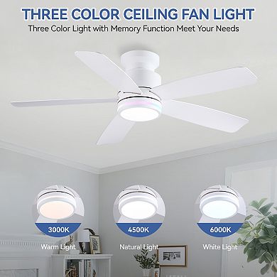 Flush Mount Ceiling Fan with RGB LED Light and Remote APP Control,5 Reversible Blades, 3CCT Dimmable