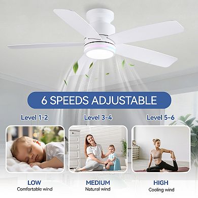 Flush Mount Ceiling Fan with RGB LED Light and Remote APP Control,5 Reversible Blades, 3CCT Dimmable
