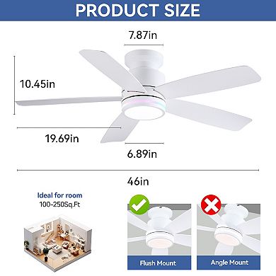 Flush Mount Ceiling Fan with RGB LED Light and Remote APP Control,5 Reversible Blades, 3CCT Dimmable