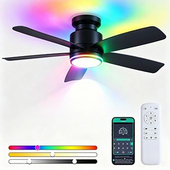 Flush Mount Ceiling Fan with RGB LED Light and Remote APP Control,5 Reversible Blades, 3CCT Dimmable