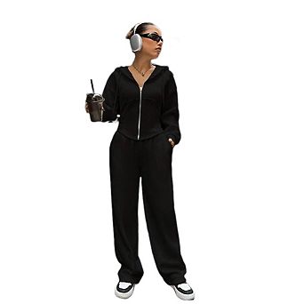 Women's Set Zip Up Hoodies Long Sleeve Sweatshirt with Wide Leg Baggy Casual Sweat Pants
