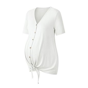 Women V Neck Button Down Maternity Top Short Sleeve Casual Pregnancy Blouses Summer Maternity Shirt