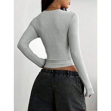 Women's Ribbed Long Sleeve Deep V Neck Slim Fitted Going Out T Shirt