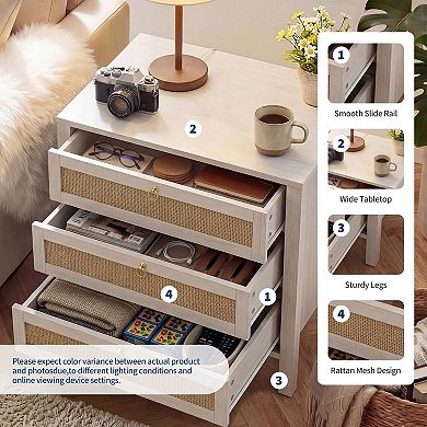 Wooden Rattan Nightstand Bedside Table Storage Organizer Cabinet with Drawers