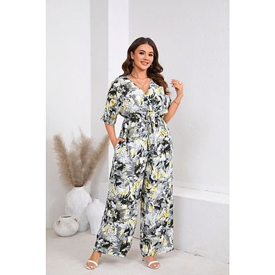 Womens Plus Size Casual Boho Floral Short Sleeve V Neck Wide Leg Loose Flowy One Piece Jumpsuits