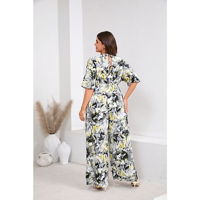 Womens Plus Size Casual Boho Floral Short Sleeve V Neck Wide Leg Loose Flowy One Piece Jumpsuits