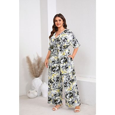 Womens Plus Size Casual Boho Floral Short Sleeve V Neck Wide Leg Loose Flowy One Piece Jumpsuits