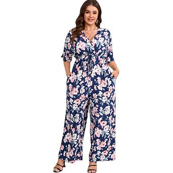 Womens Plus Size Casual Boho Floral Short Sleeve V Neck Wide Leg Loose Flowy One Piece Jumpsuits