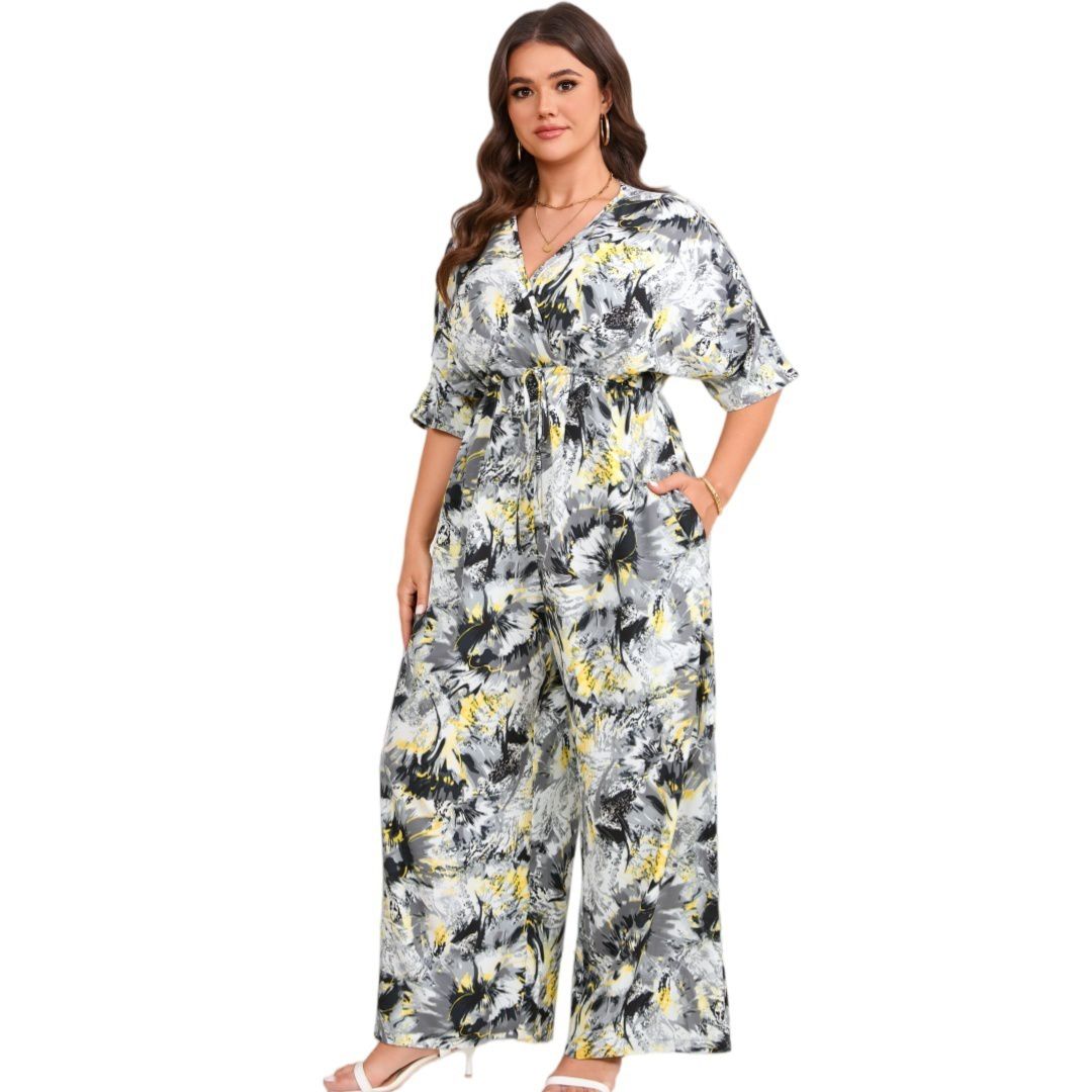Женские комбинезоны Plus Size Casual Boho Floral Short Sleeve V Neck Wide Leg Loose Flowy One Piece Jumpsuits