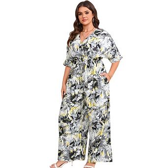 Womens Plus Size Casual Boho Floral Short Sleeve V Neck Wide Leg Loose Flowy One Piece Jumpsuits