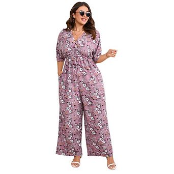Womens Plus Size Casual Boho Floral Short Sleeve V Neck Wide Leg Loose Flowy One Piece Jumpsuits