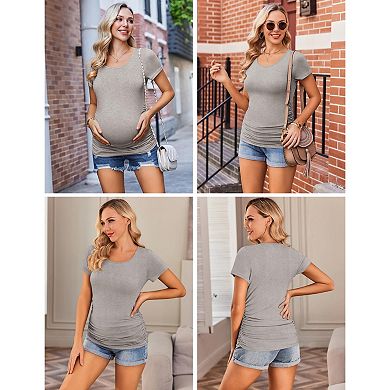 Ekouaer Maternity Shirts Short Sleeve 3 Pack Side Ruched Pregnancy Top Mama Clothes