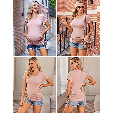 Ekouaer Maternity Shirts Short Sleeve 3 Pack Side Ruched Pregnancy Top Mama Clothes