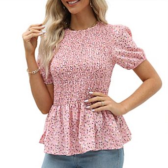 Women's Smocked Puff Short Sleeve Boho Shirt Summer Casual Ruffle Floral Top Crew Neck Flowy Blouse