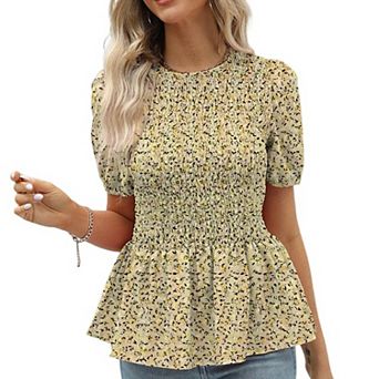 Women's Smocked Puff Short Sleeve Boho Shirt Summer Casual Ruffle Floral Top Crew Neck Flowy Blouse