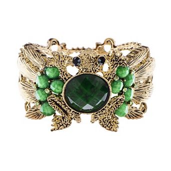 Golden Tone Emerald Green Crystal Rhinestone Frog Toad Bracelet Bangle Cuff