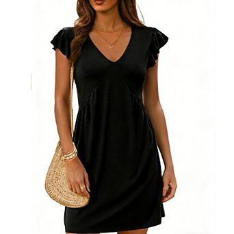 Women's V-Neck Ruffle Sleeve Beach Dress Loose Fit Casual Vacation Sundress