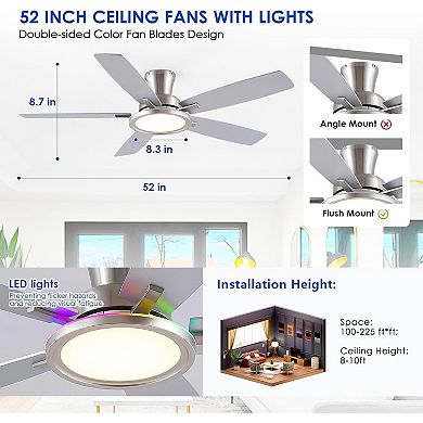52'' Flush Mount Ceiling Fan with RGB Light,Reversible Mute Motor for Indoor,Party