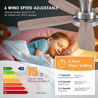 52'' Flush Mount Ceiling Fan with RGB Light,Reversible Mute Motor for Indoor,Party