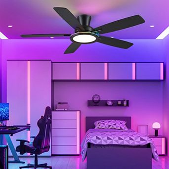 52'' Flush Mount Ceiling Fan with RGB Light,Reversible Mute Motor for Indoor,Party