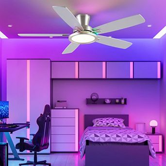 52'' Flush Mount Ceiling Fan with RGB Light,Reversible Mute Motor for Indoor,Party