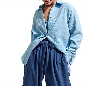 Women's Elegant Loose Shirt Office Casual Oversized Polo Collar Blouse Outfits