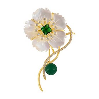 Women Natural Shell Green Pearl Floars Brooch Pin - Fashion Austria Crystal Rhinestones