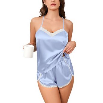 Ekouaer Silk Pajamas for Women 2 pc Satin Lingerie Sleepwear Lace V-Neck Camisole Pjs Shorts Set