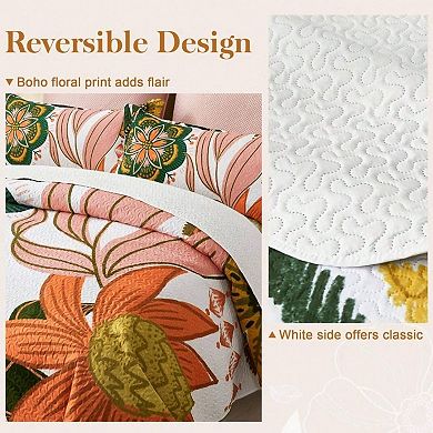 Bohemian Floral Reversible Quilt Set with 2 Shams for All Seasons