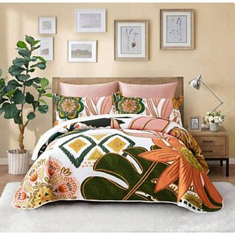 Bohemian Floral Reversible Quilt Set with 2 Shams for All Seasons