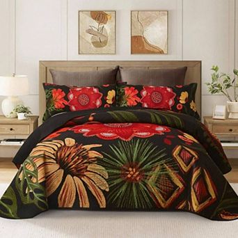 Bohemian Floral Reversible Quilt Set with 2 Shams for All Seasons