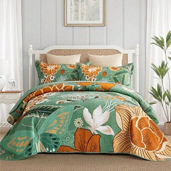 Bohemian Floral Reversible Quilt Set with 2 Shams for All Seasons