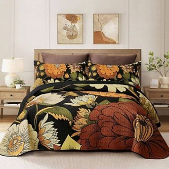 Bohemian Floral Reversible Quilt Set with 2 Shams for All Seasons