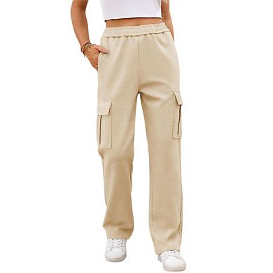 Women's Cargo Elastic Waist Casual Wide Leg Joggers with Pockets