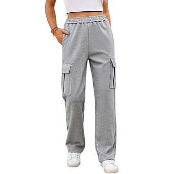 Women's Cargo Elastic Waist Casual Wide Leg Joggers with Pockets
