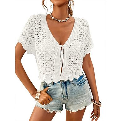 Women's Short Sleeve Crochet Cardigans Beach Boho Lightweight Solid Color Cropped Tie Front Tops