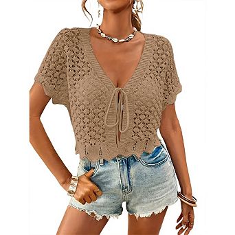 Women's Short Sleeve Crochet Cardigans Beach Boho Lightweight Solid Color Cropped Tie Front Tops