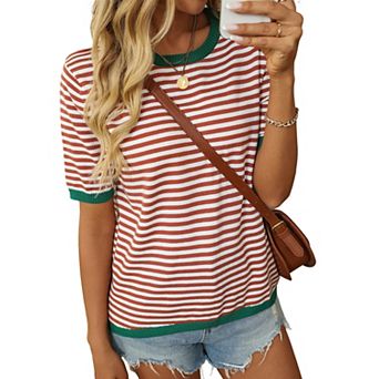 Womens Short Sleeve Striped Contrast Trim Boho Knit Sweater Top Crew Neck Summer Casual Shirt Blouse