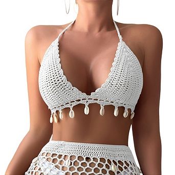 Women's Swimsuit Crochet Bikini with Shell Trim Halter Top