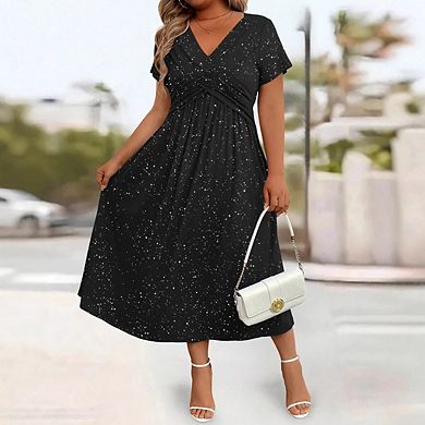 Women's Plus Size Sparkly Maxi Dress Glitter V Neck Ruched Dresses with Pockets